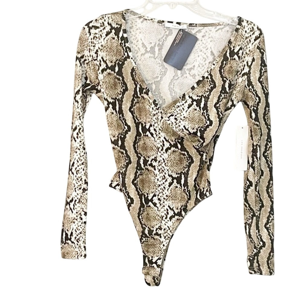 Timing Womens Snakeskin Print Long Sleeve Surplice Bodice Bodysuit WN8359A Small
